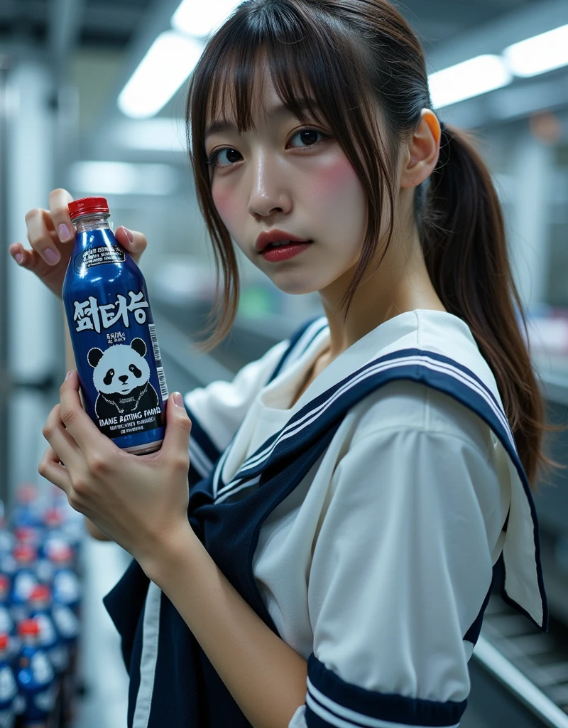 ultra-realistic, photorealistic, dramatic scene, shadow, global-illumination, solo, very beautiful Japanese woman, she is high school student, she works part-time at the factory, very beautiful with very cute but boyish cool face, wearing high school sailor uniform, she is working at the beverage factory, She is holding and showing the bottle of energy drink, Many identical bottles are being carried on a conveyor belt in an orderly fashion, the energy drink bottle\(\(\(text on the bottle:"man-eating panda" in a brushstroke font\)\), terrifying cute panda is printed on the bottle, blue label on the dark bottle, large, upper body of detailed panda\), (extremely detailed bottle label), the factory is futuristically fully automated, shoot from side