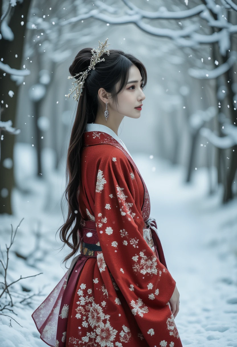 by Bastien Lecouffe-deharme , By carne griffiths and wadim kashin, artwork by roblunda mccallum, A stunning illustration of an East-Asian woman with long black hair standing in a snowy forest, wearing a traditional hanfu with snowflake patterns. The scene is tranquil, with snow gently falling around her, and the forest is covered in a thick layer of snow. Her hairstyle is detailed, and she gazes softly into the distance, exuding elegance and serenity.