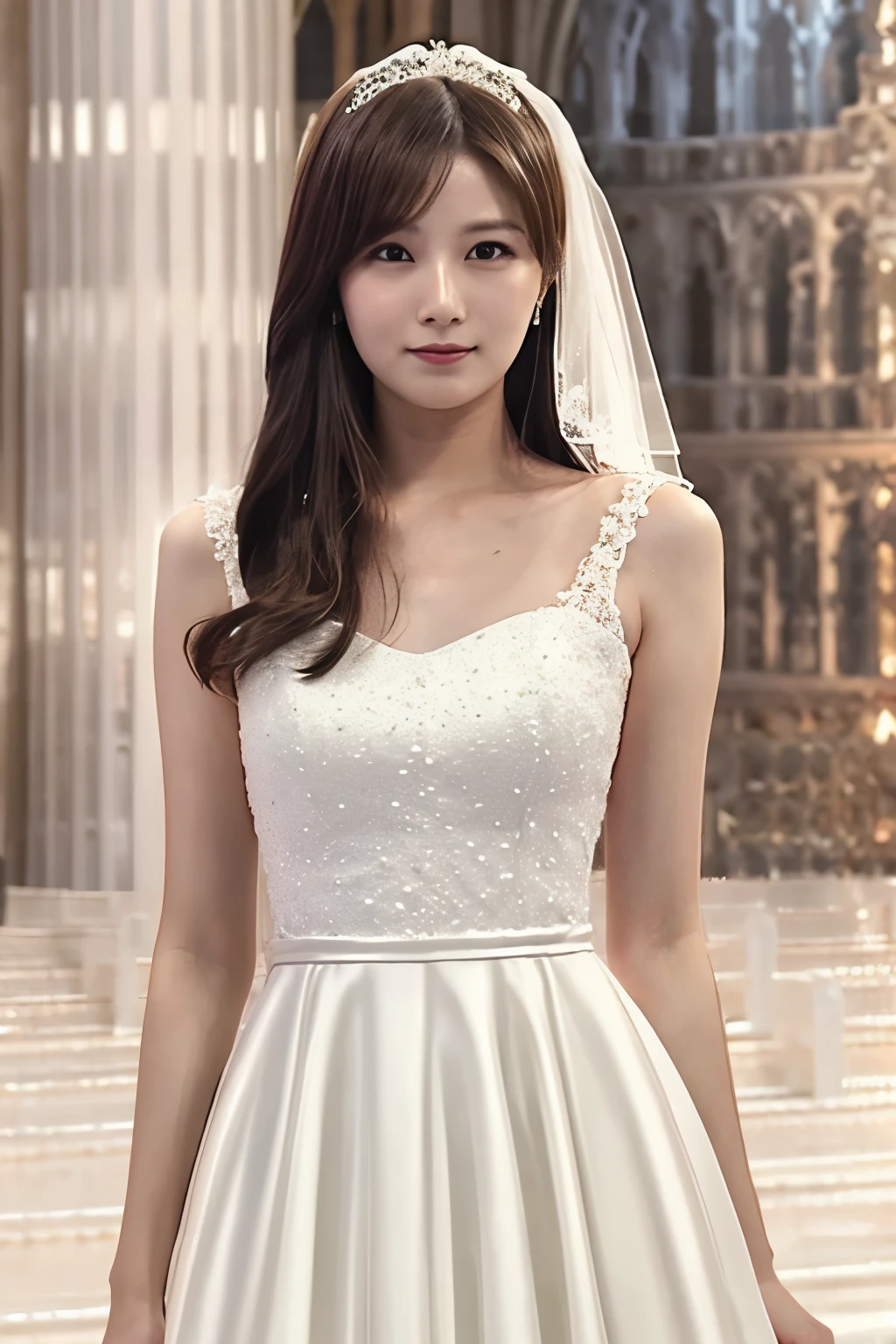 1 girl, ( wear a wedding dress:1.3), (Veil), Portrait of a Very Beautiful Japanese Actress,
( RAW photo, top quality ), ( realistic , realistic :1.4), (masterpiece),
Very Delicate and Beautiful , very detailed, 2k wallpaper, amazing, finely, very detailed CG Unity 8K wallpaper, very detailed, High Definition , Soft light,
Girl with Beautiful Details Showing Her Side Chest , very detailed目と顔, Beautiful and Refined Nose, beautiful beautiful eyes under the sun, movie lighting,
(gothic cathedral background:1.3), (Large Temple Stained Glass ), (whole body), (Transmits light),
Perfect Anatomy , slender body, small breasts