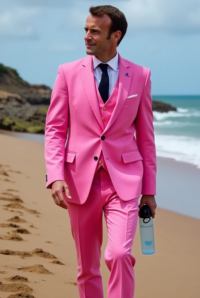 Portrait of a father wearing dusty pink coat pant single button stylish walking on city and beach with confident