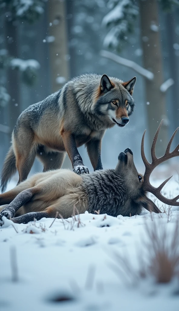 An ultra-realistic 4K final battle scene with the dire wolf standing over the defeated giant elk in the center of the frame. The elk lies on its side, its antlers partially buried in the snow, while the wolf’s sharp claws dig into its chest. The wolf’s face is frozen in a victorious snarl, with its breath steaming in the icy air. The frost-covered trees and scattered snow in the forest frame the intense confrontation
