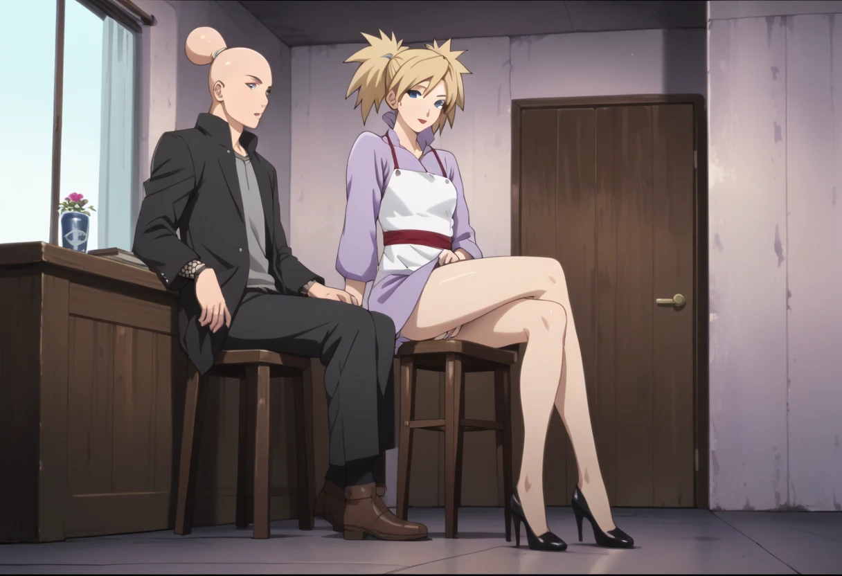 score_9, score_8_up, score_7_up, source_anime, standing, panties down, virgin pussy, beautiful legs, beautiful body, TemariNS, miniskirt, beautiful legs, sexy legs, couple focus, 1boy, 1girl, anime screencap, sitting, 1boy,bald boy, bigger male, bald male, 