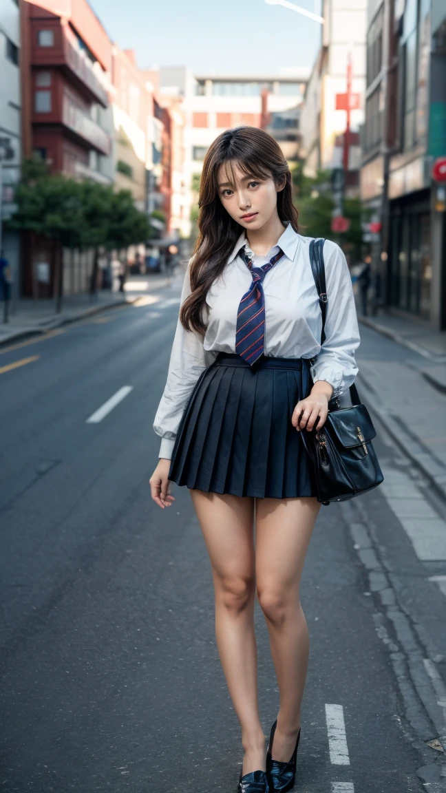 a beautiful 18 year old Japanese high school girl with perfect anatomy, healthy thighs, beautiful legs, beautiful skin, random hair color and style, large breasts, (wearing a Japanese schoolgirl uniform:1.3), (she is standing:1.2), penny loafers, holding a student bag, full body shot, standing on a city street, (best quality,4K,8k, highres icon,masterpiece:1.3),(extremely detailed:1.2),photorealistic,ultra-detailed,vivid colors, studio lighting, professional, Kyoko Fukada