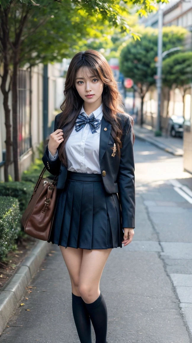 a beautiful 18 year old Japanese high school girl with perfect anatomy, healthy thighs, beautiful legs, beautiful skin, random hair color and style, large breasts, (wearing a Japanese schoolgirl uniform:1.3), (she is standing:1.2), penny loafers, holding a student bag, full body shot, standing on a city street, (best quality,4K,8k, highres icon,masterpiece:1.3),(extremely detailed:1.2),photorealistic,ultra-detailed,vivid colors, studio lighting, professional, Kyoko Fukada