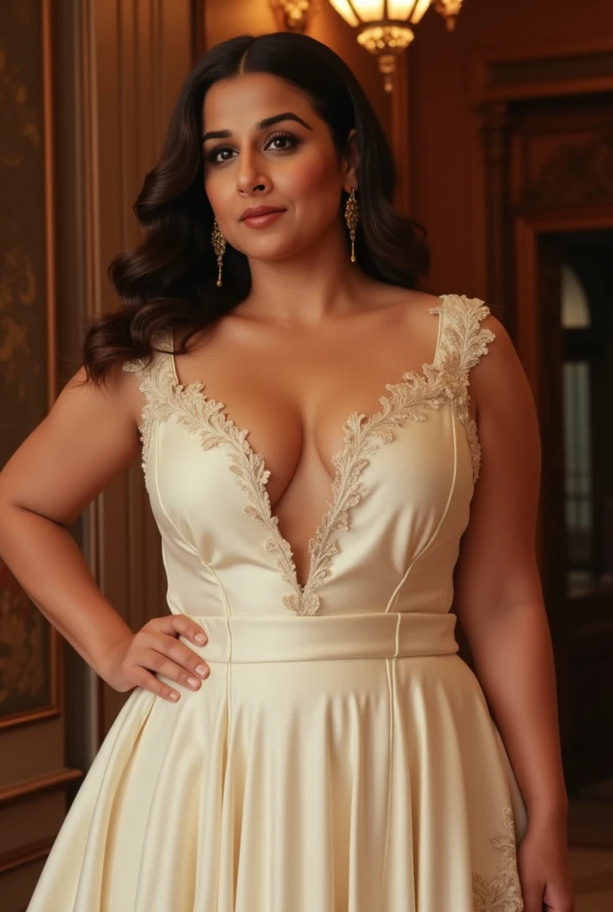 Noughty Queen Vidya Balan: Sultry Plus size exhibitionist amorous lady with huge breasts Fabric and Color: The dress is made of lustrous satin fabric, which gives it a smooth and luxurious appearance. The color appears to be an elegant off-white or cream shade. Bodice: The fitted bodice features intricate lace detailing and piping, creating a structured look. The deep V-neckline plunges down to the waist, adding a touch of allure. Shoulder Straps: Delicate lace continues over the shoulder straps, enhancing the overall elegance of the dress. Skirt: Below the bodice, the dress transitions into a flared skirt with soft pleats, resulting in a graceful and flowing silhouette.