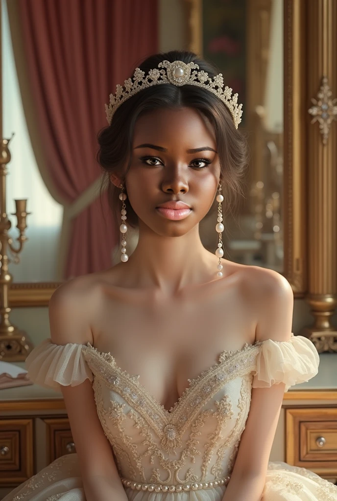 Photorealistic Beautiful black girl,African girl,Thin,Dark skin,Wear formal evening dress,Walk in the old cloister,Strong gaze,Close-up portrait surrealism