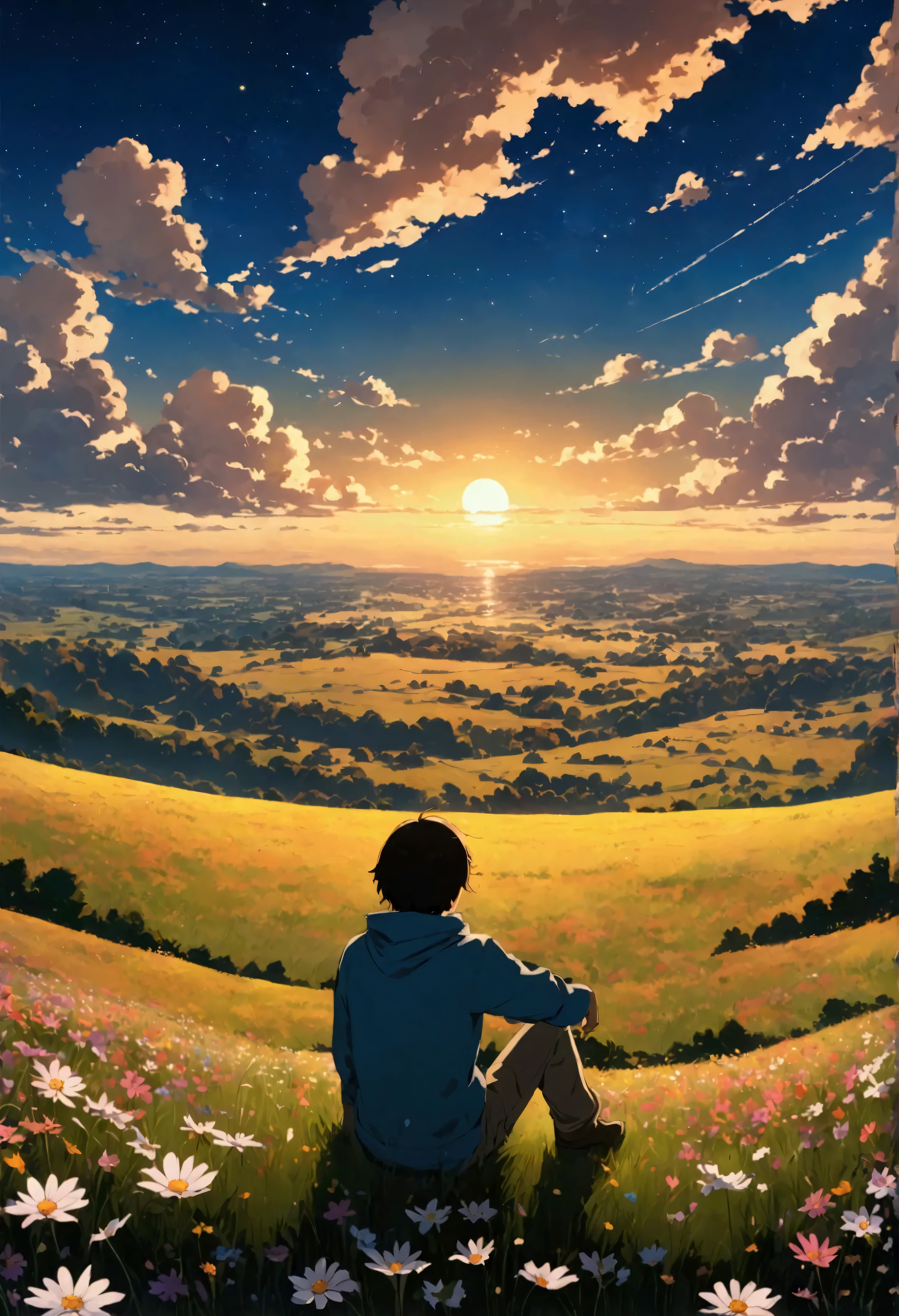Night scene, Boy sitting on an autumn meadow with lots of clouds, A boy sitting on a cloudy autumn meadow looking at the vast sky full of cosmos, grass, sky, Makoto Shinkai Cyril Roland, 4k anime art wallpaper, 4k anime art wallpaper, Animated background, 8K anime art wallpaper, Animated background art, Animated landscape wallpaper, Amazing wallpaper, HD wallpaper, 4K animation wallpaper, 4K animation wallpaper, Art by Aries Moros, Art: Bob Biary, AI Art by Ashley Wood, Greg Rutkowski
