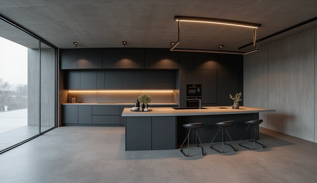 HDRI panoramic view of TOK, a modern kitchen, color grey and black