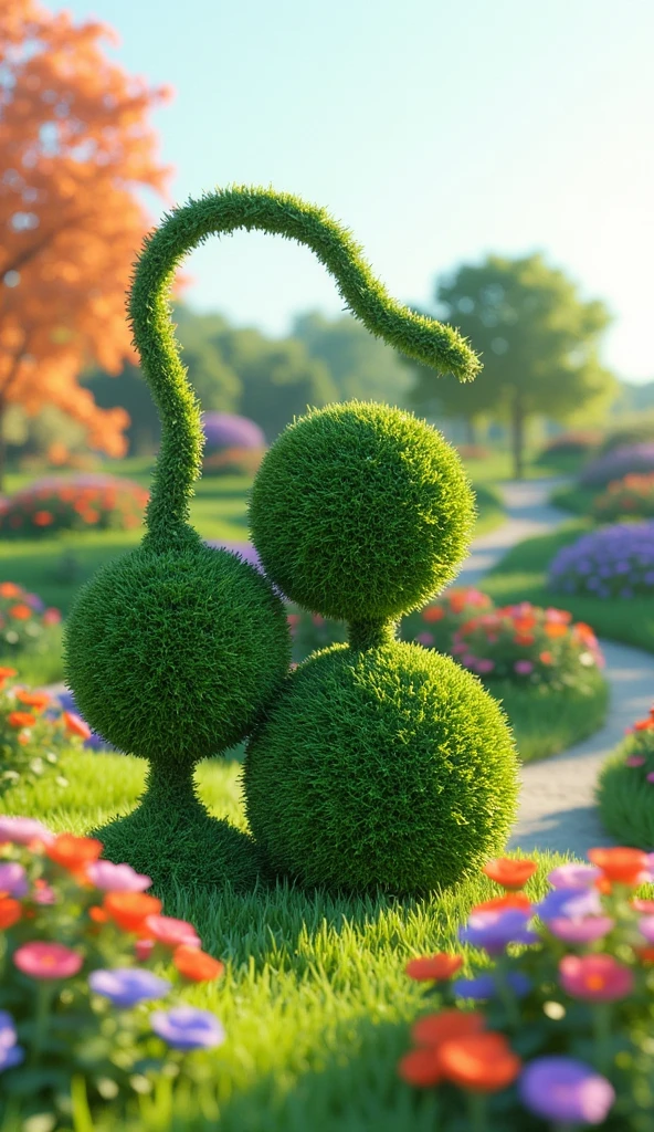 (best quality, 128k,highres,masterpiece:1.2),ultra-detailed,(realistic,photorealistic,photo-realistic:1.37), ((masterpiece)) ((photography)) ((Highest quality))  an illustration of a whimsical and artistic topiary in a beautiful garden, composed of two spherical elements placed side by side, with a long, slightly curved object positioned above them. The spheres are crafted from lush, vibrant greenery, perfectly rounded and sculpted, while the long curved object, resembling a delicate vine or branch, arches gracefully over the spheres. The base of the topiary seamlessly merges all three elements together. The scene is set in a serene garden, surrounded by colorful flowers, soft sunlight, and tranquil paths, creating a harmonious and enchanting atmosphere.