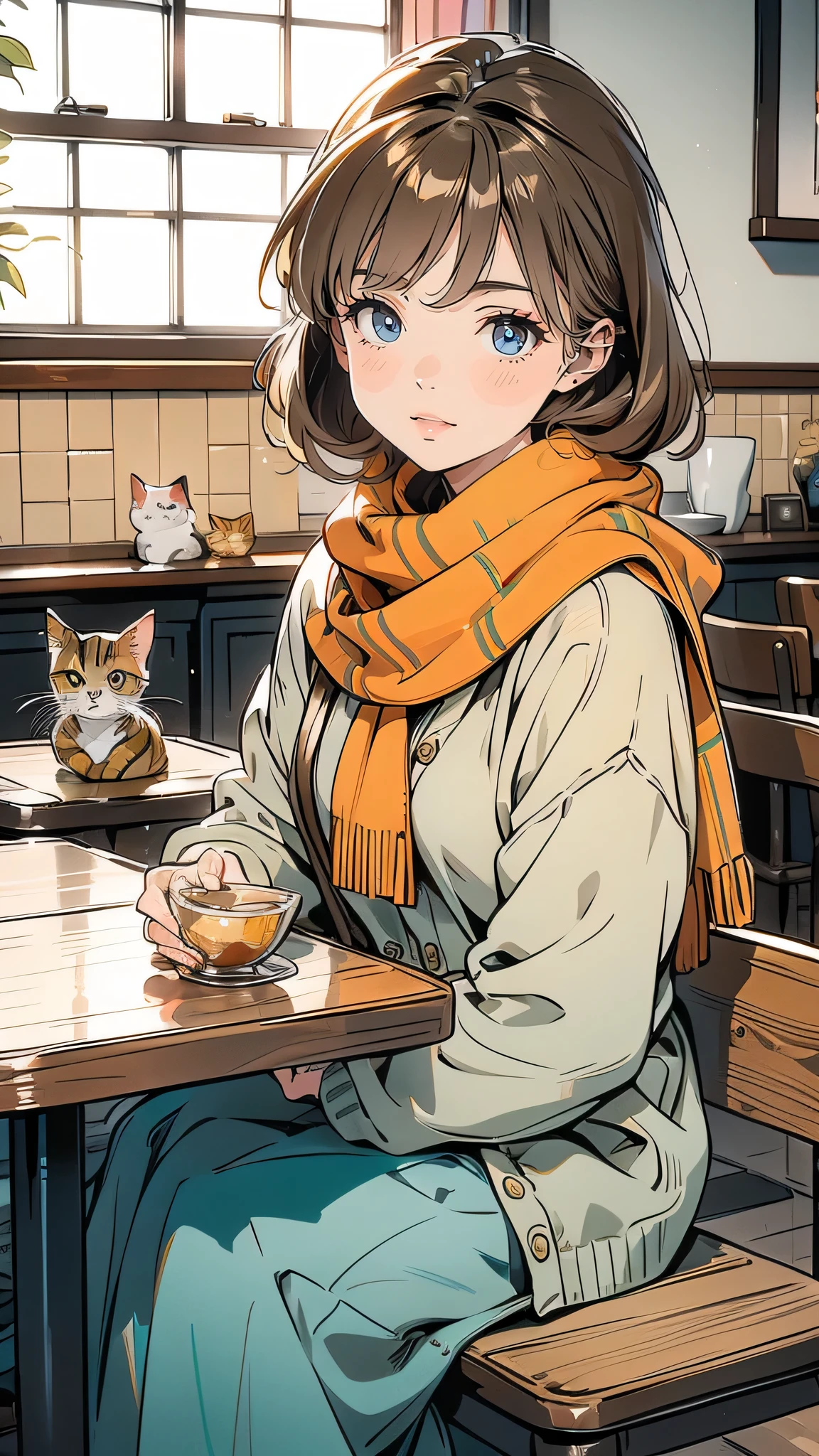 「A cheerful 40-year-old Japanese woman with shoulder-length light brown hair, always smiling brightly. She wears casual, colorful clothing—a patterned sweater and a scarf—while sitting at a table in the cat cafe. She has a few handmade cat toys on the table, which the cats are playing with excitedly. Her expression is warm and lively, enjoying her time interacting with the cats. The cafe’s interior is cozy, with a few cats playing or napping nearby, and soft, natural light coming through the windows.」