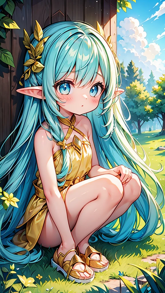 Female Elf Naked Light Blue Long Hair Yellow Crouching Pee