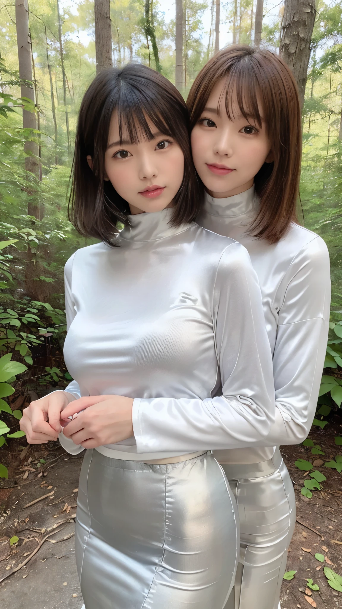 ((A picture with a composition showing the whole body clearly))、(  Masterpiece  ,   top quality ,   super high res ),   very detailed CG  ,   short bob style bang  、 beautiful face、(((Two very cute Japanese women ))),(( ２ people are wearing silver smooth satin high-waisted mermaid pencil skirts )), ２Everyone wears a shirt in their skirt 、( ２ they both wear maxi long skirts made of smooth silver satin)、(((２ person is wearing a form-fitting long sleeve high neck t-shirt made of silver smooth satin)))、((((The silver satin shirt has a very strong luster )))),((( in the Dark Forest)),(( girl２ people are backhugging in the dark woods ))),(( both of them are wrapped tightly in smooth silver satin outfits ))、(( chest enhancement pose )),