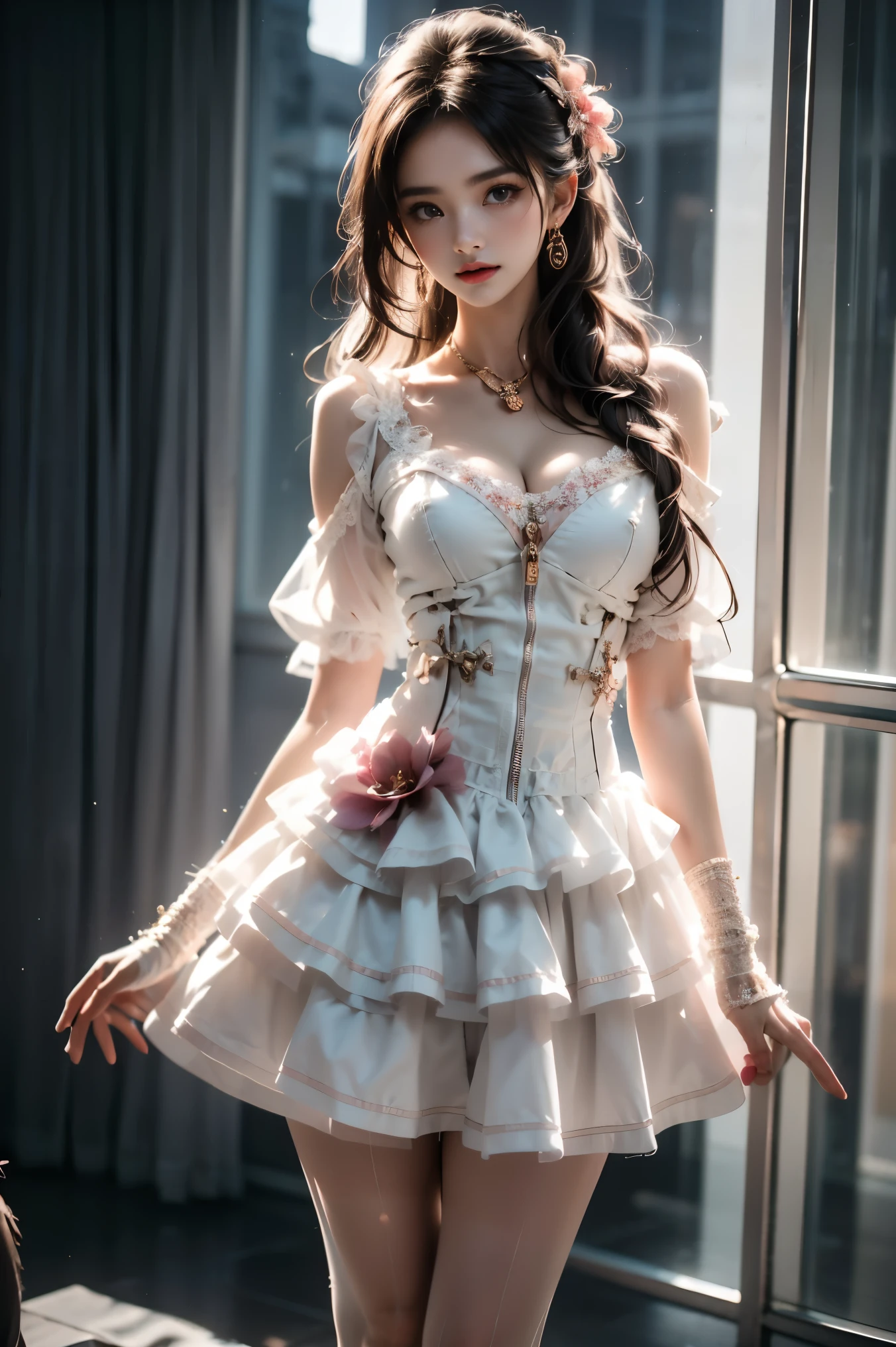 coo dress, front zipper dress, print legwear, bandage high heels, (photorealistic:1.2), (ultra detailed:1.3), 1girl, young woman, (Full bust, visible cleavage, deep V-neck, very short hemline), fashion model, slim figure, perfect anatomy, (beautiful long legs:1.4), smooth skin, sitting pose, (thigh focus:1.2), elegant posture, professional photography, soft lighting, depth of field, high quality, masterpiece, 8k uhd, natural skin texture, perfect body proportions