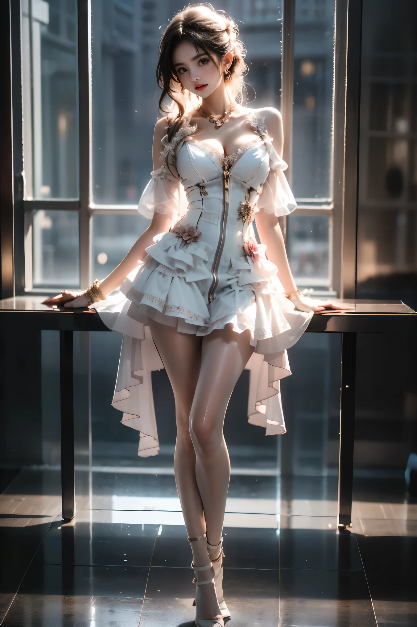 ((Best Quality)), ((Masterpiece)), (Detail: 1.4), 3D, Beautiful Cyberpunk Female Image, HDR (High Dynamic Range), Ray Tracing, NVIDIA RTX, Super Resolution, Unreal 5, Subsurface Scattering, PBR Texture, Post-Processing, Anisotropic Filtering, Depth of Field, Maximum Sharpness and Sharpness, Multi-layer Texture, Albedo and Highlight Mapping, Surface Coloring, Mitsu-Accurate Simulation of Material Interactions, Perfect Proportions, Octane Rendering, Two-color Light, Large Aperture, Low ISO, white balance, regular three-point, 8K RAW, beautiful bright pupils, off-the-shoulder clothes, fine pupils, delicate face and eyes, long eyelashes, blush, delicate and fluffy hair, pink lips, pure, cute, sweet girl, artistic sense, casual wear, high-end sense