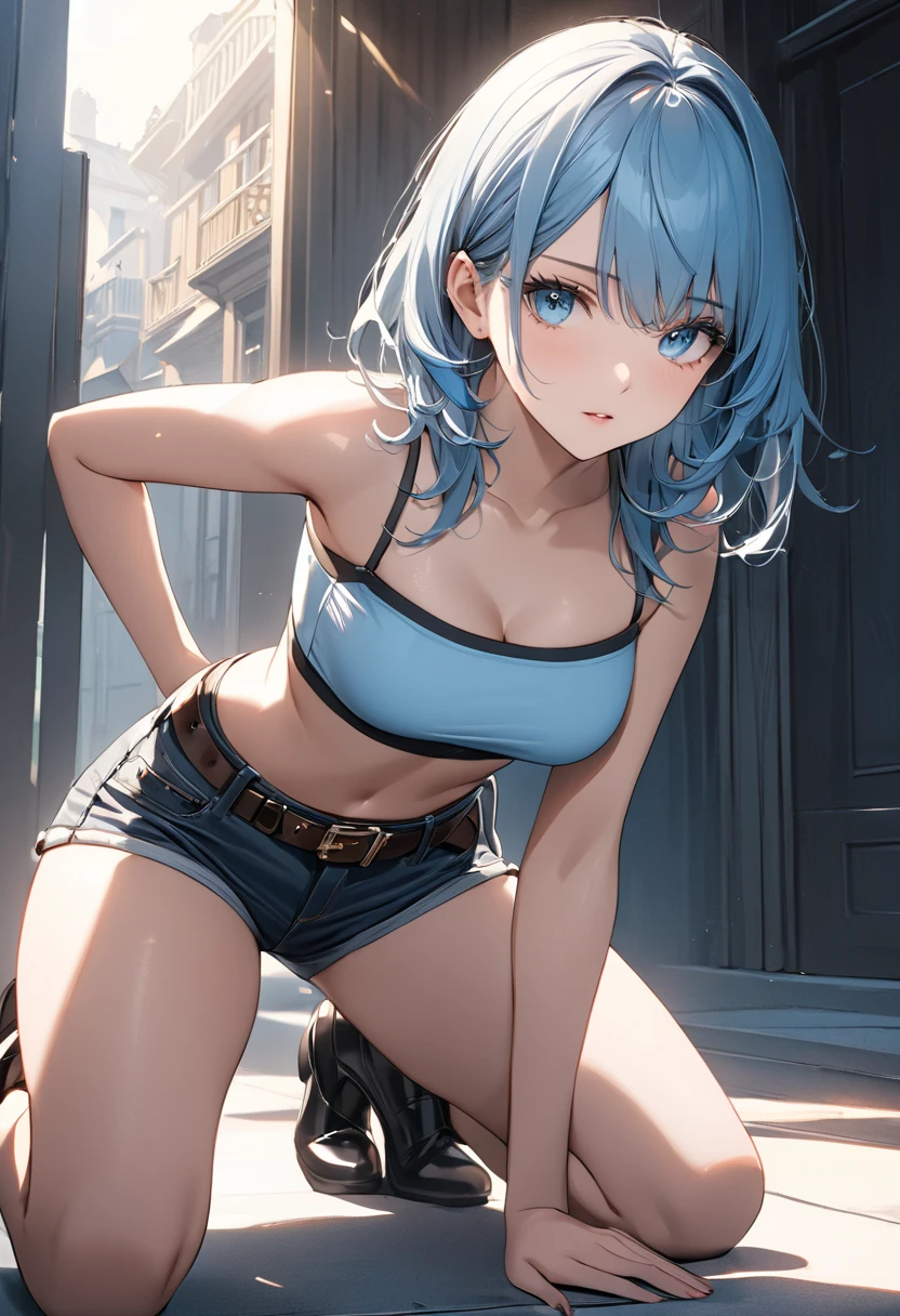 whole body, Punk Fashion, Belly-baring crop top, Light blue hair, Wolf Cut Hairstyle, Mesh Details, Earrings, Choker Necklace