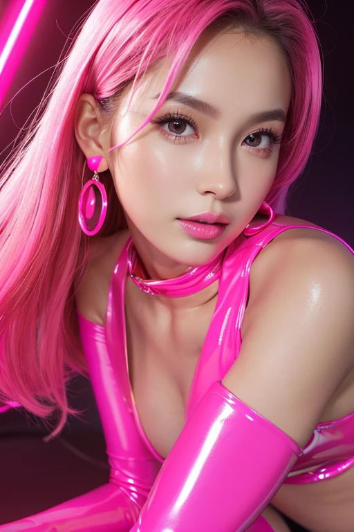 1girl, nsfw, sexy stylish idol, smiling face, glossy lipstick, defined eyebrows, natural makeup, very long eyelashes, full body, sheer neon pink latex dress, colorful hair, (best quality, 4k, 8k, highres, masterpiece:1.2), ultra-detailed, (realistic, photorealistic, photo-realistic:1.37), studio lighting, vivid colors, professional
