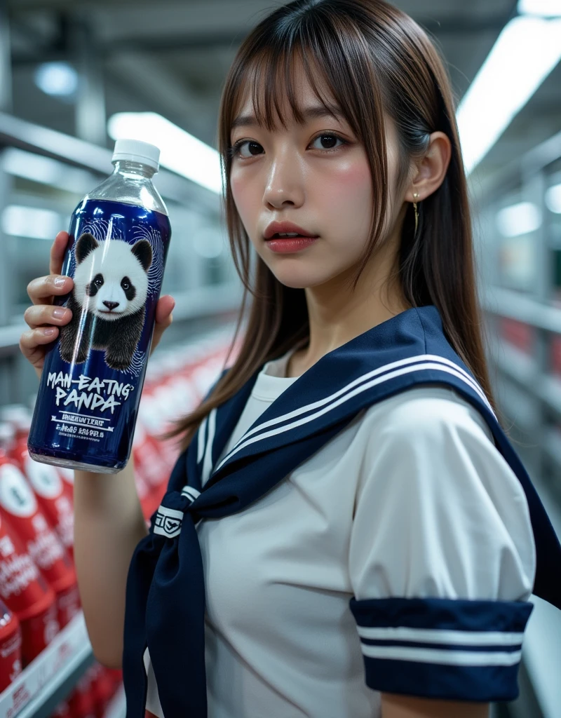 ultra-realistic, photorealistic, dramatic scene, shadow, global-illumination, solo, very beautiful Japanese woman, she is high  student, she works part-time at the factory, very beautiful with very cute but boyish cool face, wearing high school sailor uniform, she is working at the beverage factory, She is holding and showing the bottle of energy drink, Many identical bottles are being carried on a conveyor belt in an orderly fashion, the energy drink bottle\(\(\(text on the bottle:"man-eating panda" in a brushstroke font\)\), terrifying cute panda is printed on the bottle, blue label on the dark bottle, large, upper body of detailed panda\), (extremely detailed bottle label), the factory is futuristically fully automated, shoot from side