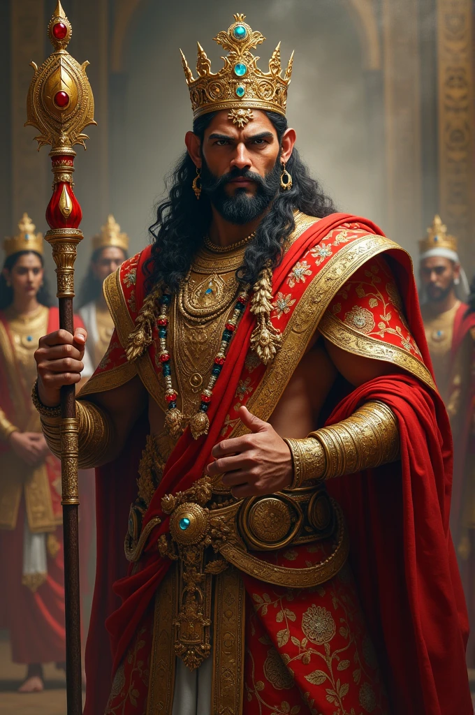 A strong, muscular man stands confidently in elaborate royal attire inspired by ancient Indian warrior kings. He wears a richly decorated turban adorned with jewels, gold ornaments, and a vibrant blue and red robe draped over his shoulder. His chest is bare, showcasing golden jewelry, including a necklace and arm bands. The man holds a sword with both hands, and his expression is stern and powerful. The background is a solid, warm color that enhances the regal presence of the figure.