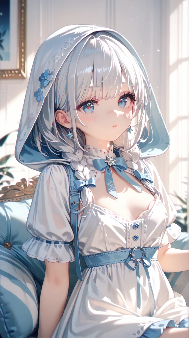 A beautiful anime-style girl with short silver hair and blue eyes, delicate facial features, soft blush on her cheeks, wearing a white off-shoulder dress with light blue ribbons, sitting in a sunlit room with soft natural lighting, detailed and intricate hairstyle with braids, stunning and sparkling eyes with star-like reflections, highly detailed and realistic illustration, soft shading, elegant and calming atmosphere　 nipples【show off nipple / nipple】nsfw　 Cute Round Eyes 、hood face and body、nsfw、The hood is not shown。
