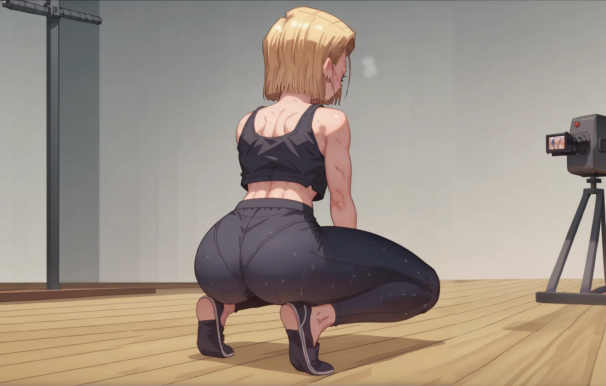 Score_9, score_8_up, source_anime, 1girl, Dragon Ball, Android 18, big eyes, alone, doing yoga in white sweaty leggings ANIME SCREENCAP, anime coloring, anatomically correct,focal length 35mm, front, in gym, full body, bend upper body to her knees, camera from behind, blush face