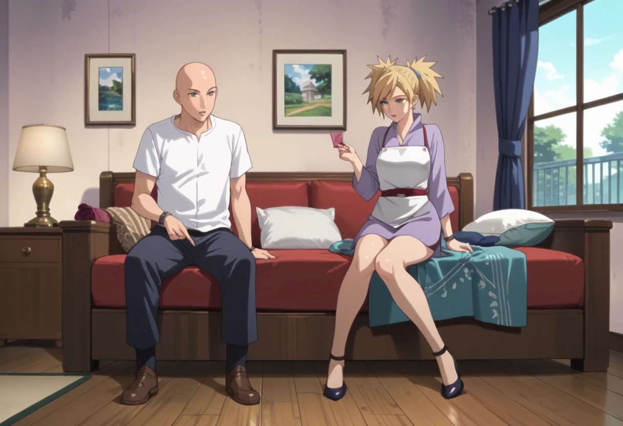 score_9, score_8_up, score_7_up, source_anime, TemariNS, miniskirt, beautiful body, beautiful legs, sexy legs, couple focus, 1boy, 1girl, anime screencap, sitting, 1boy, holding condom, bald boy, bigger male, bald male, bedroom, 