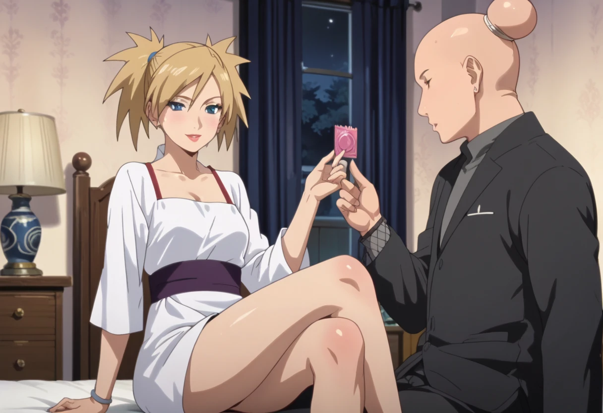 score_9, score_8_up, score_7_up, source_anime, TemariNS, miniskirt, beautiful body, beautiful legs, sexy legs, couple focus, 1boy, 1girl, anime screencap, sitting, 1boy, holding condom, bald boy, bigger male, bald male, bedroom, 