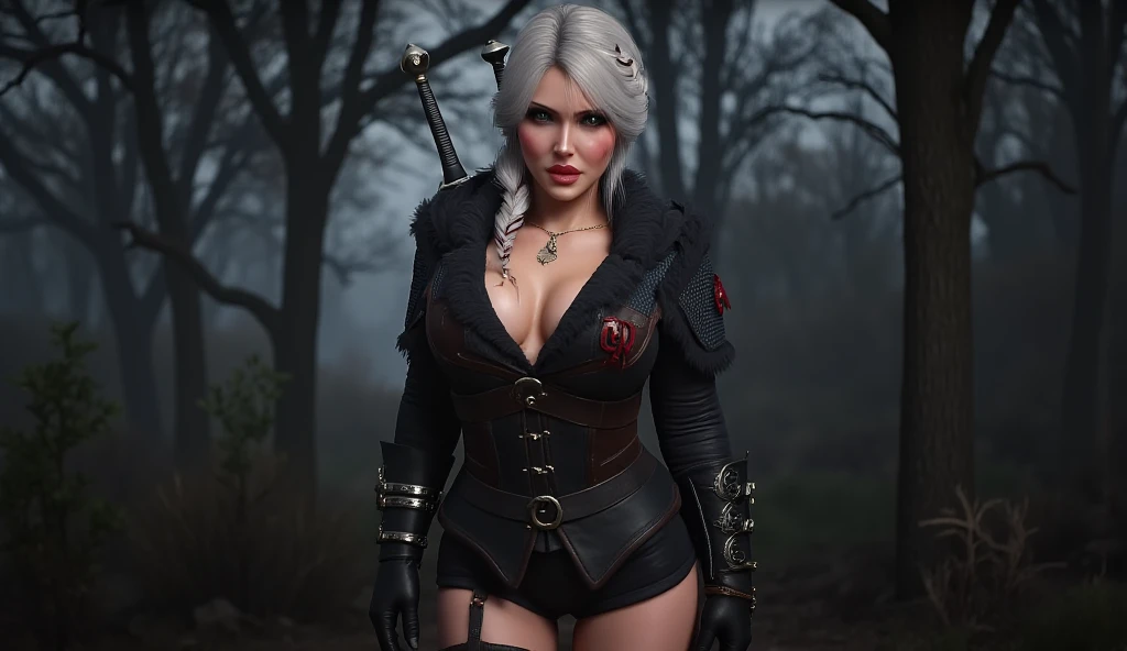 (ultra realistic) (8k quality) (Female Witcher) (Long platinum hair) (MILF) (A very beautiful face) (Cleavage) (Bimbo) (Night) (Bimbo lips) (Blue eyes) (at full height) (sexy pose) (high heels) (big boobs) (sexual facial expression) (witcher cat eyes) (black Armor) (Two witcher swords on his back) (horror wood in backgraund) (Close-up)