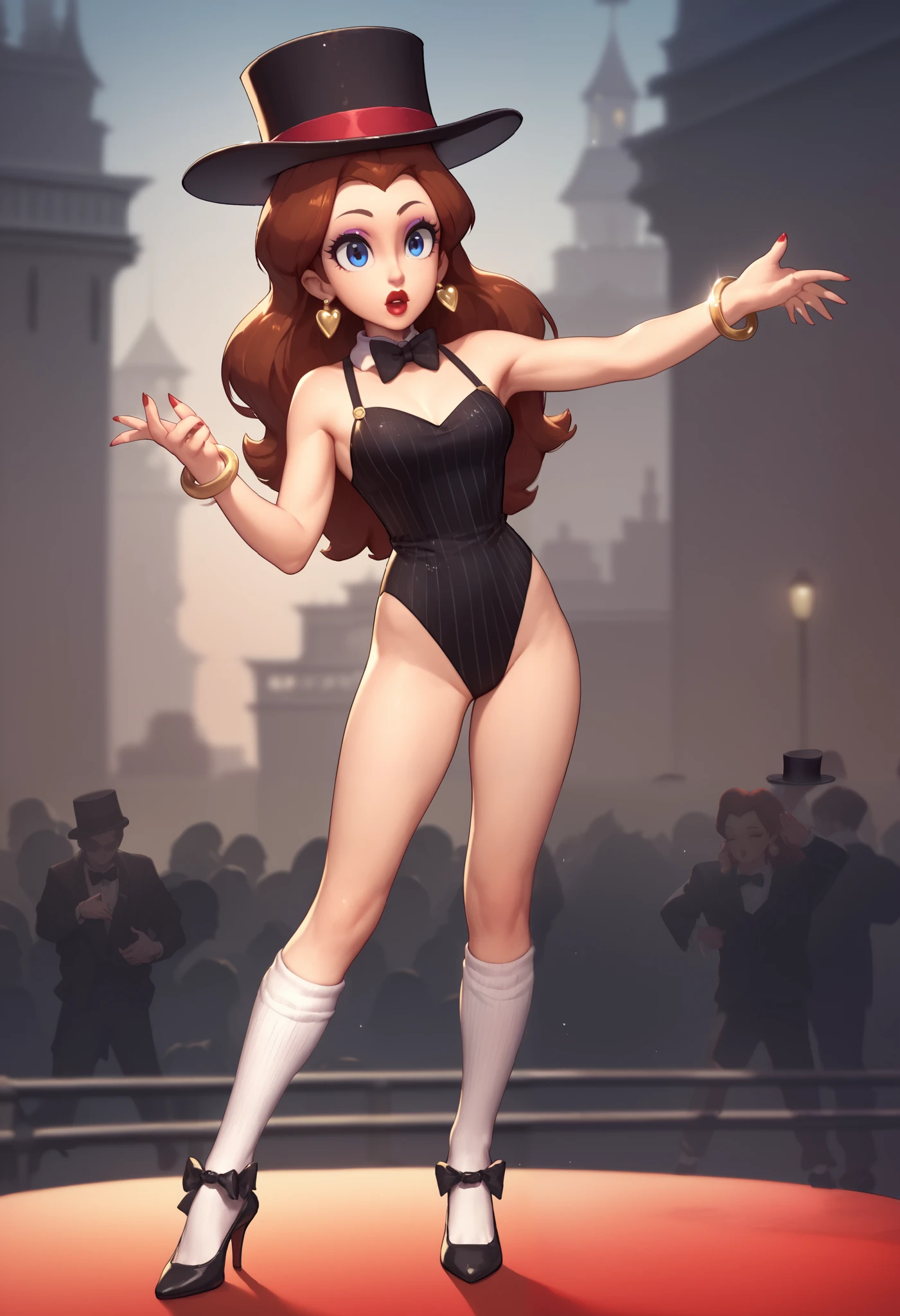 Cute Pauline wearing a sparkling black tuxedo leotard, black Mary Jane strap tap heels with white socks,,performing on stage with a city background, black mix with brown hair, eyes are centered, black bow with a white collar around her neck, while tap dancing, black top hat, black cane on her right hand to tap dance