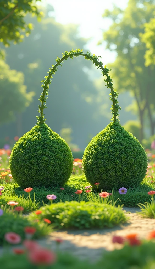 (best quality, 128k,highres,masterpiece:1.2),ultra-detailed,(realistic,photorealistic,photo-realistic:1.37), ((masterpiece)) ((photography)) ((Highest quality))  an illustration of a whimsical and artistic topiary in a beautiful garden, composed of two spherical elements placed side by side, with a long, slightly curved object positioned above them (like a cucumber and 2 peaches). The spheres are crafted from lush, vibrant greenery, perfectly rounded and sculpted, while the long curved object, resembling a delicate vine or branch, arches gracefully over the spheres. The base of the topiary seamlessly merges all three elements together. The scene is set in a serene garden, surrounded by colorful flowers, soft sunlight, and tranquil paths, creating a harmonious and enchanting atmosphere.