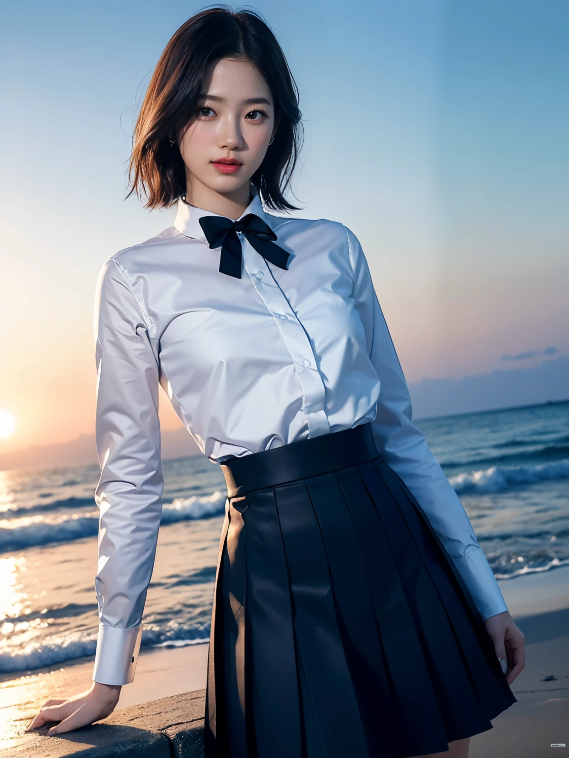 a beautiful young japanese woman with perfect anatomy, detailed facial features, short bob hair, Navy blue Pleated Skirt, White Dress Shirt, Long sleeve, Bow Ribbon, (best quality,4k,8k,highres,masterpiece:1.2),ultra-detailed,(realistic,photorealistic,photo-realistic:1.37),highly detailed face,extremely detailed eyes and face,long eyelashes,beautiful detailed lips,beautiful detailed eyes,volumetric lighting,dramatic lighting,intricate details,vibrant colors,glowing skin,ocean,beach,night sky