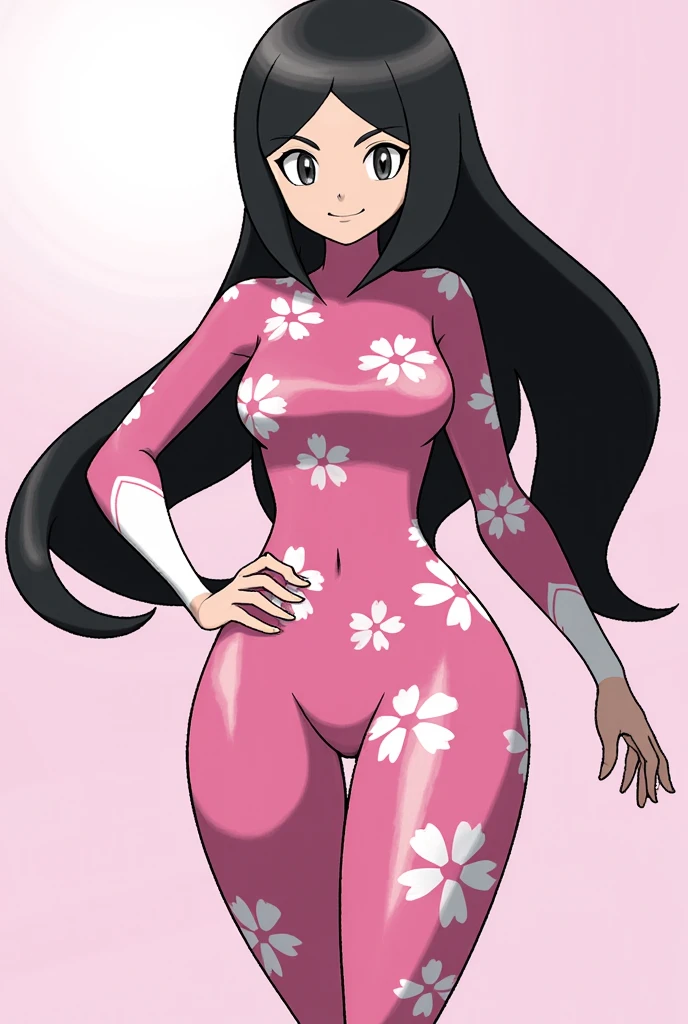 Pokémon: A female beautiful  grass type gym leader trainer that wears a cherry blossom inspired avant garde attire, She has a very avant garde attire, Pink and White colorway. Long Flowing black hair. She has a very mature face and small eyes. He has a very serious angry expression. Full body view. small eyes. She has a very small eye shap. She has a very mature body. She has a very mature face and appearance 