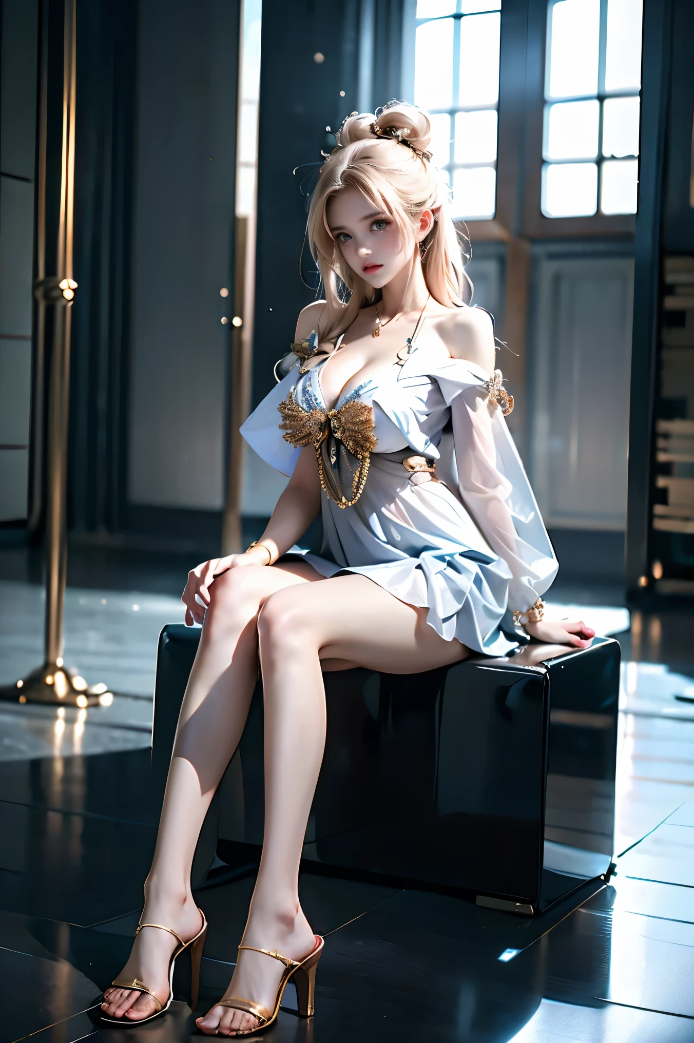 sangonomiya kokomi, (full body:1.4), (photorealistic:1.2), (ultra detailed:1.3), 1girl, young woman, (Sitting position:1.3), (Full bust, visible cleavage, deep V-neck, very short hemline), fashion model, slim figure, perfect anatomy, (beautiful long legs:1.4), smooth skin, sitting pose, (thigh focus:1.2), elegant posture, professional photography, soft lighting, depth of field, high quality, masterpiece, 8k uhd, natural skin texture, perfect body proportions