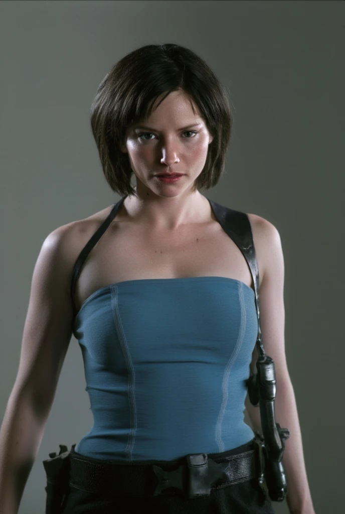 Sienna Guillory as Jill Vlentine from movie Resident Evil Apocalypse, "view portrait", blue top, black hair, skirt, black hair, angry expression