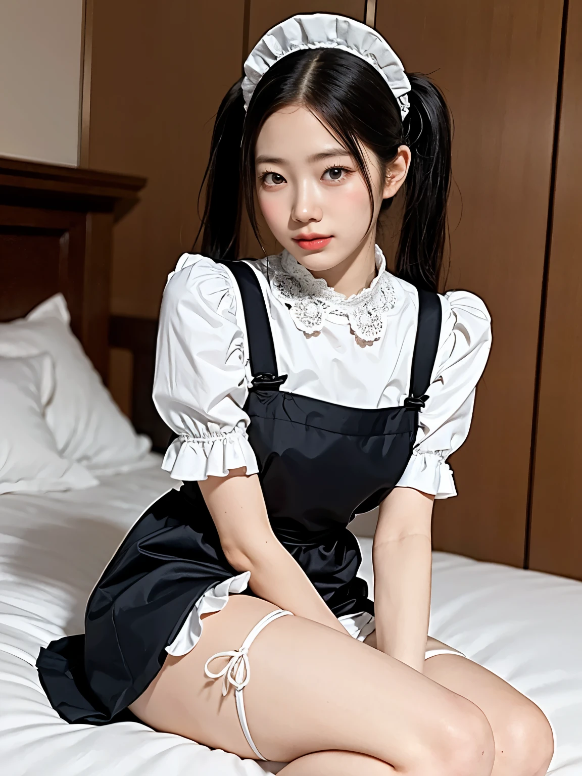 A young woman wearing a classic black-and-white maid outfit, sitting elegantly on the bed, warmly lit room. The maid dress features intricate lace details, a fitted bodice, puffed sleeves, and a neatly tied white apron. She is seated with her legs folded to the side, her hands resting gently on her lap, and her posture is poised yet relaxed. The background includes soft furnishings, such as a small table with a teapot and a vase of flowers, enhancing the warm and inviting atmosphere. Her expression is soft and gentle, with a hint of a shy smile, radiating charm and grace, (twintail), (Leaning forward)