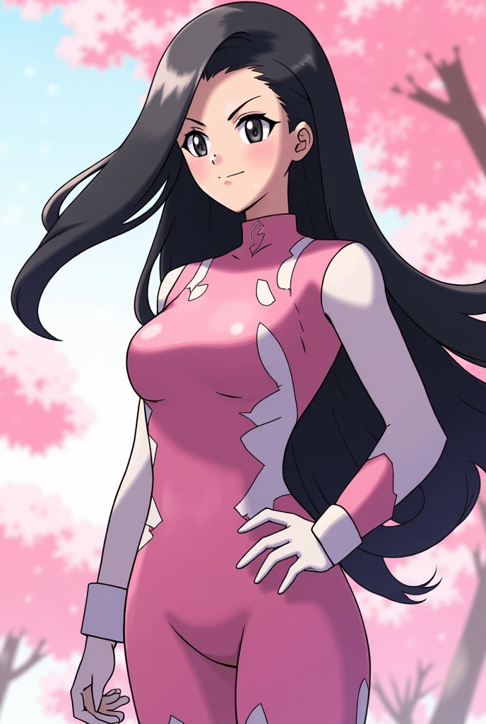 Pokémon: A female beautiful  grass type gym leader trainer that wears a cherry blossom inspired avant garde attire, She has a very avant garde attire, Pink and White colorway. Long Flowing black hair. She has a very mature face and small eyes. He has a very serious angry expression. Full body view. small eyes. She has a very small eye shap. She has a very mature body. She has a very mature face and appearance 