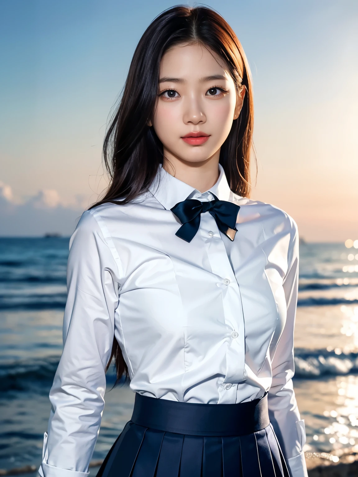 a beautiful young japanese woman with perfect anatomy, detailed facial features, long hair, Navy blue Pleated Skirt, White Dress Shirt, Long sleeve, Bow Ribbon, (best quality,4k,8k,highres,masterpiece:1.2),ultra-detailed,(realistic,photorealistic,photo-realistic:1.37),highly detailed face,extremely detailed eyes and face,long eyelashes,beautiful detailed lips,beautiful detailed eyes,volumetric lighting,dramatic lighting,intricate details,vibrant colors,glowing skin,ocean,beach,night sky