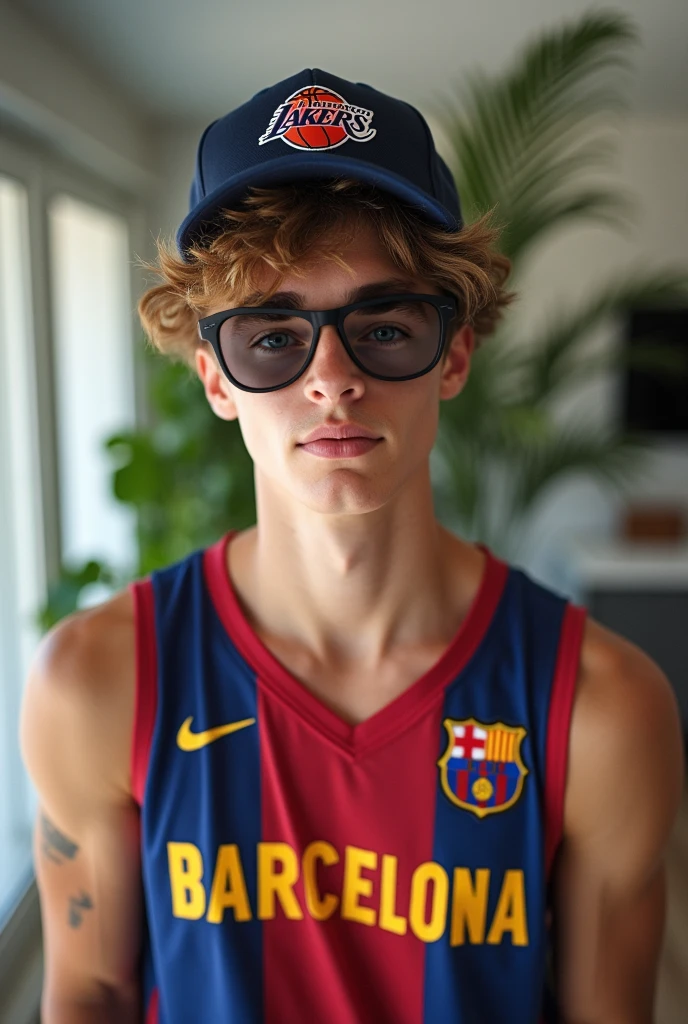 Milo_thatch, regata branca, olhando para o espectador, musculoso, glasses, parede de pedra, jovem, Serious expression, beautiful hands, beautiful feet, hands on your head.