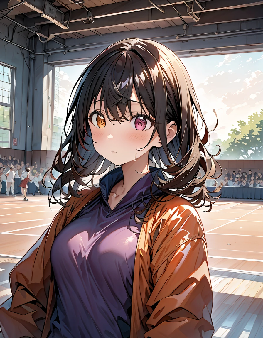 (Masterpiece, top quality, high quality, super detailed drawing, beautiful eyes, beautiful hair, expressive eyes, perfect face, perfect human body structure, animated illustration),
 gymnasium, sporting event, packed auditorium,
 slightly curly hair, short cut, high twin tails up both sides, black hair color, big droopy eyes, heterochromia pink eye, orange eye, very huge breasts, 145cm tall girl wearing a purple leotard with ripped and unraveled holes, clothes chattering, blushing, nervous face, sweaty, medium shot,
 ((boys surrounding the girl and looking excitedly at her))