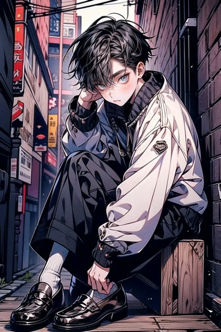 Full-body view, a man sitting on a wooden box, 8K resolution, high detail, around 20 years old, (one male:1.5), bored expression, black hair, slightly long hair:1.5, messy hair, drooping eyebrows, downturned eyes, pitch-black eyes, chic outfit, checkered jacket, cream-colored shirt, checkered pants, white socks, brown loafers, checkered, back alley, dark, ((UHD, masterpiece, super detail, best quality, highres, 8k)), (detailed line art), {perfect face, perfect body, perfect hands, perfect feet}.