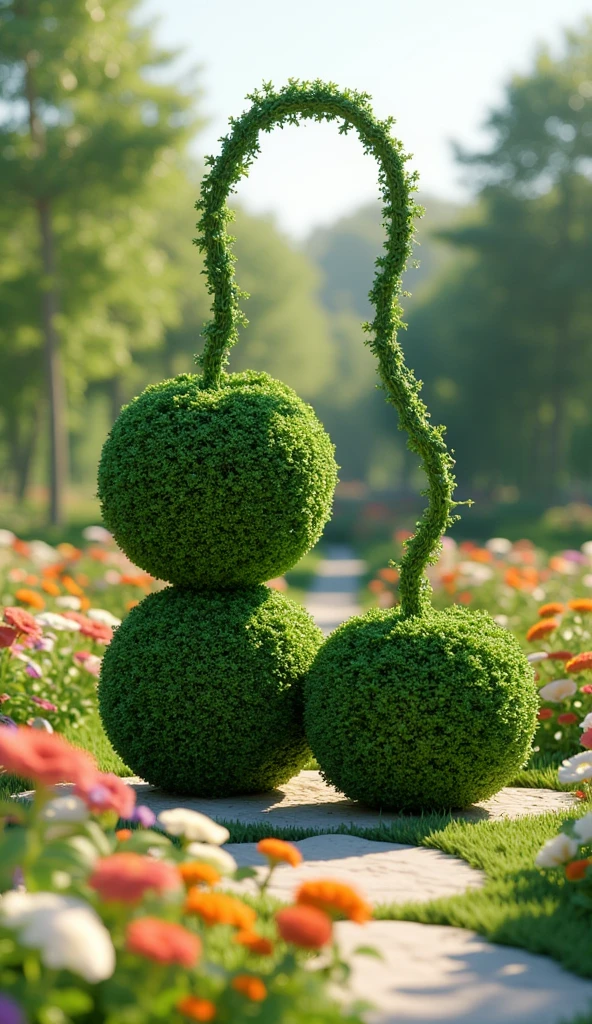 (best quality, 128k,highres,masterpiece:1.2),ultra-detailed,(realistic,photorealistic,photo-realistic:1.37), ((masterpiece)) ((photography)) ((Highest quality))  an illustration of a whimsical and artistic topiary in a beautiful garden, composed of two spherical elements placed side by side, with a long, slightly curved object positioned above them ((like a cucumber and 2 peaches)). The spheres are crafted from lush, vibrant greenery, perfectly rounded and sculpted, while the long curved object, resembling a delicate vine or branch, arches gracefully over the spheres. The base of the topiary seamlessly merges all three elements together. The scene is set in a serene garden, surrounded by colorful flowers, soft sunlight, and tranquil paths, creating a harmonious and enchanting atmosphere.