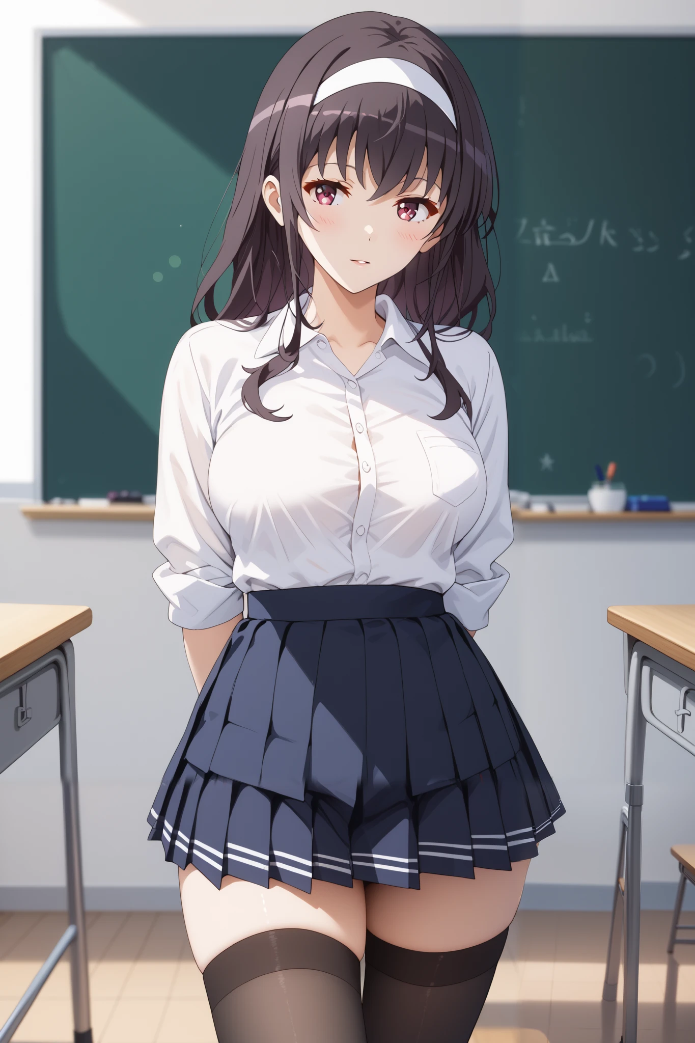 Masterpiece, extremely detailed,perfect quality,4k ,2D ultra graphic,anime ,solo,1girl ,stand up,kasumigaoka utaha,stand up,full body,beauty face,large breasts ,teacher uniform,white shirt,black hot skirt,stocking,body goals,slim body,slim models body,straddle,arms behind back,looking at viewers,front looks,bokeh