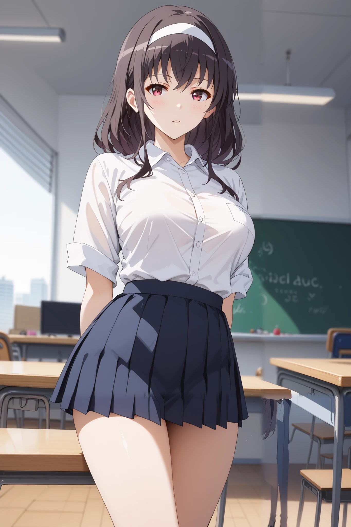 Masterpiece, extremely detailed,perfect quality,4k ,2D ultra graphic,anime ,solo,1girl ,stand up,kasumigaoka utaha,stand up,full body,beauty face,large breasts ,teacher uniform,white shirt,black hot skirt,stocking,body goals,slim body,slim models body,straddle,arms behind back,looking at viewers,front looks,bokeh