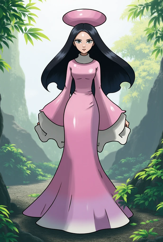 Pokémon: A female beautiful  grass type gym leader trainer that wears a cherry blossom inspired avant garde attire, She has a very avant garde attire, Pink and White colorway. Long Flowing black hair. She has a very mature face and small eyes. He has a very serious angry expression. Full body view. small eyes. She has a very small eye shap. She has a very mature body. She has a very mature face and appearance, Madison Beer 