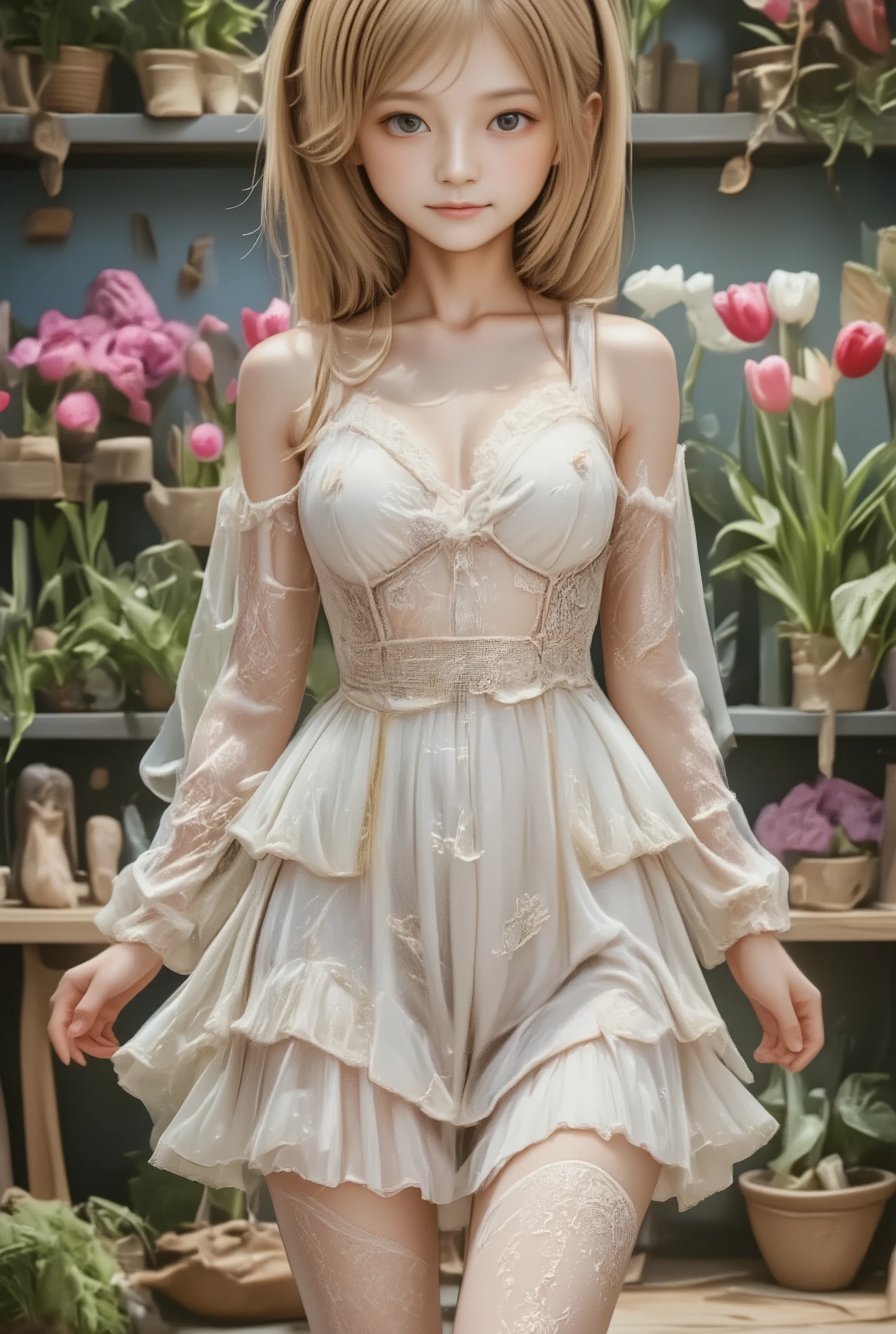 Crisp animation capturing the upper half of a woman's body. The background is a room, with tulips of various colours on shelves without margins. Strong visual impact and bright colours are used. A fantasy atmosphere is created.

Slavic blonde beauty, faint smile, 
She is wearing an intricate, white lace dress that is both revealing and elegant. The dress features an open, floral pattern that reveals her skin underneath, with a high neckline and a ruffled, short skirt that flares out. She also wears thigh-high white stockings with intricate lace patterns, adding to the overall ethereal, fairy-like aesthetic of the outfit.