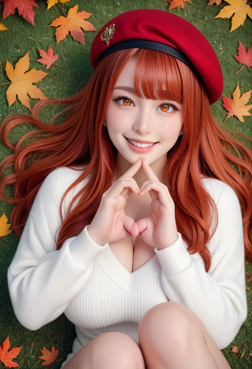 ultra-detailed)), (highly detailed CG illustration), (best quality:1.2),ultra-detailed,highly detailed,colorful composition,artistic photoshoot、Big Breasts、1girl, solo focus, shool  girl, (pastel orange hair color:1.3), auburn hair, white sweater and burgundy french beret, looking at viewer, laying in a park, (v sign)smile, perfect face, lustrous skin,  highly detailed face, highly detailed eyes , perfect face, perfect nose, perfect hair, perfect eyes, beautiful hair, beautiful face, extremely detailed face, beautiful detailed eyes, beautiful clavicle, beautiful body, beautiful chest, beautiful thigh, beautiful legs, beautiful fingers, lovely、(very detailed background:1.0),(highly detailed background:1.0),autumn aesthetic, dry leaves, intricate details, joyful atmosphere, autumn colors palette, chromatic aberration、heart hands、(((( ahe face))))