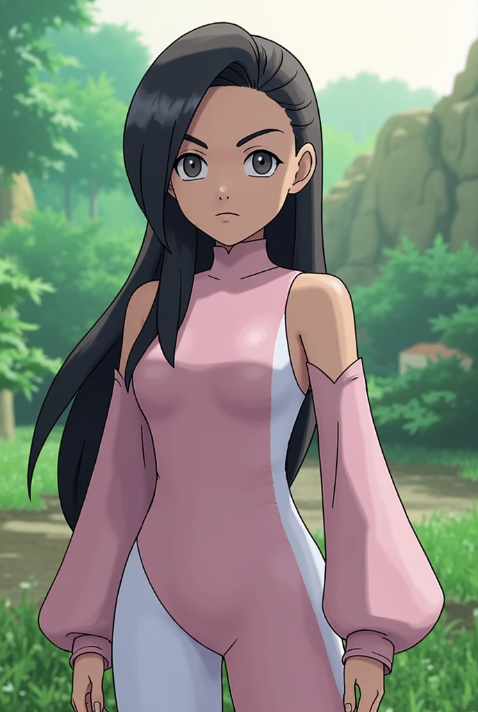 Pokémon: A female beautiful  grass type gym leader trainer that wears a cherry blossom inspired avant garde attire, She has a very avant garde attire, Pink and White colorway. Long Flowing black hair. She has a very mature face and small eyes. He has a very serious angry expression. Full body view. small eyes. She has a very small eye shap. She has a very mature body. She has a very mature face and appearance, Madison Beer 