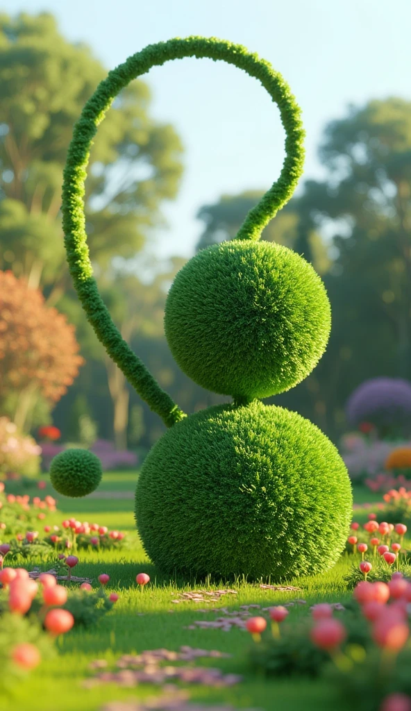 (best quality, 128k,highres,masterpiece:1.2),ultra-detailed,(realistic,photorealistic,photo-realistic:1.37), ((masterpiece)) ((photography)) ((Highest quality))  an illustration of a whimsical and artistic topiary in a beautiful garden, composed of two spherical elements placed side by side, with a long, slightly curved object positioned above them ((like a  huge penis)). The spheres are crafted from lush, vibrant greenery, perfectly rounded and sculpted, while the long curved object, resembling a delicate vine or branch, arches gracefully over the spheres. The base of the topiary seamlessly merges all three elements together. The scene is set in a serene garden, surrounded by colorful flowers, soft sunlight, and tranquil paths, creating a harmonious and enchanting atmosphere.