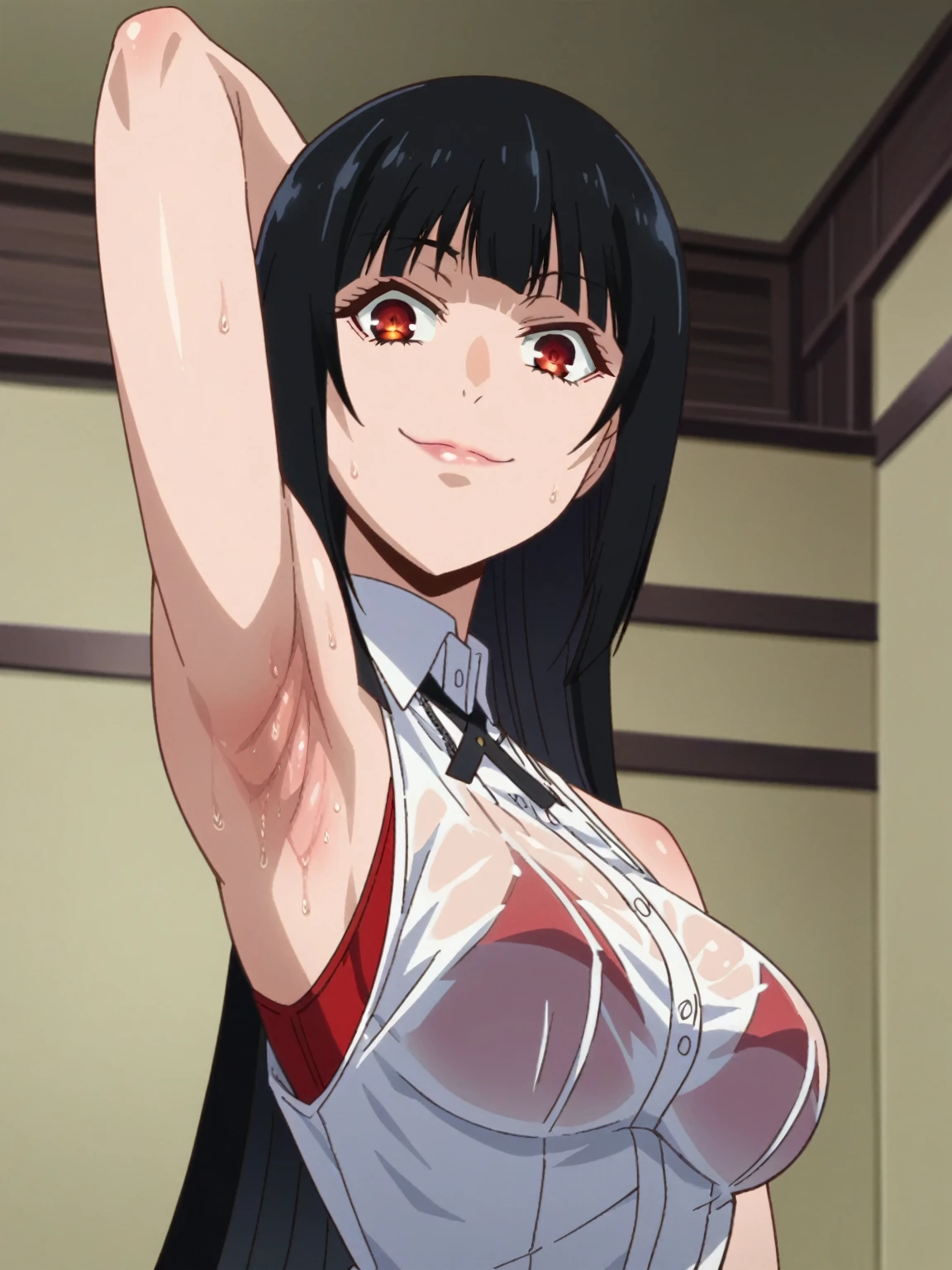 score_9, score_8_up, score_7_up, source_anime, anime screencap, 1girl, solo, jabami yumeko, long hair, red eyes, black hair, bangs, bare shoulders, bare arms, arm behind head, armpit, looking at viewer, head towards viewer, smile, badhandv4, indoors, closed mouth, white shirt, sleeveless,from side, from below, sweaty armpits, wet shirt, red bra