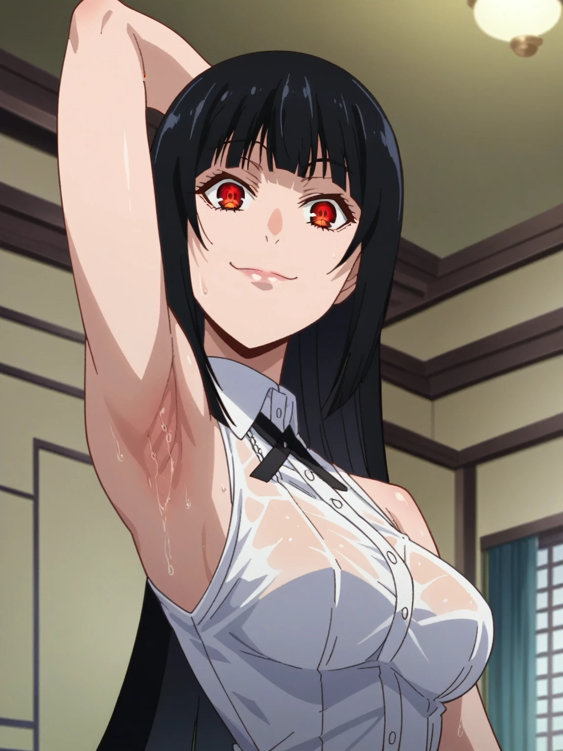 score_9, score_8_up, score_7_up, source_anime, anime screencap, 1girl, solo, jabami yumeko, long hair, red eyes, black hair, bangs, bare shoulders, bare arms, arm behind head, armpit, looking at viewer, head towards viewer, smile, badhandv4, indoors, closed mouth, white shirt, sleeveless,from side, from below, sweaty armpits, wet shirt