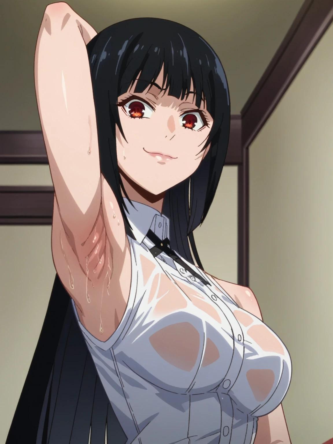 score_9, score_8_up, score_7_up, source_anime, anime screencap, 1girl, solo, jabami yumeko, long hair, red eyes, black hair, bangs, bare shoulders, bare arms, arm behind head, armpit, looking at viewer, head towards viewer, smile, badhandv4, indoors, closed mouth, white shirt, sleeveless,from side, from below, sweaty armpits, wet shirt